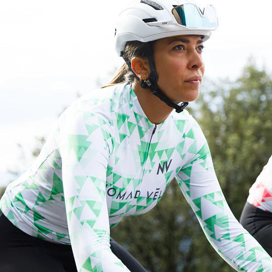 Cycling Green Geometric Long Sleeve Jersey – Aero Fit High-Performance Road | Nomad Vélo