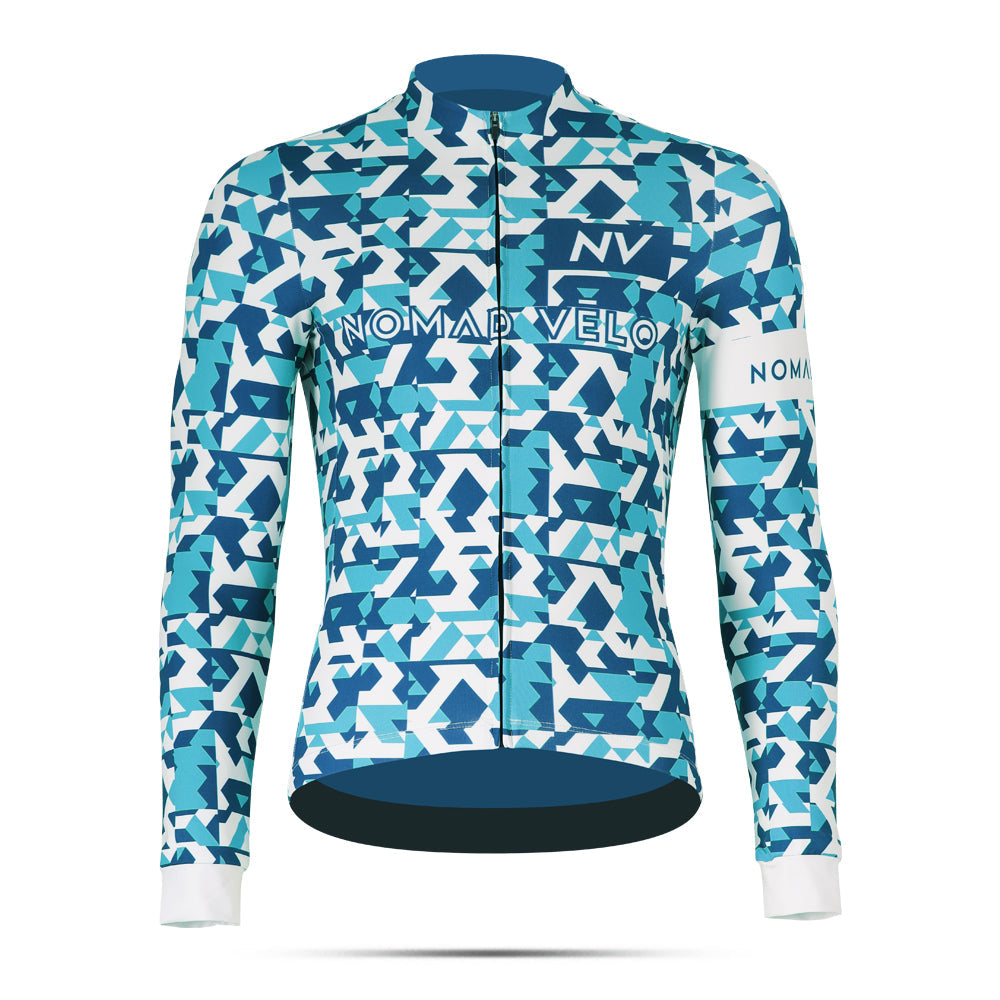 Cycling Blue Camouflage Jersey – Long Sleeve Aero Fit for Climbs | Nomad Vélo