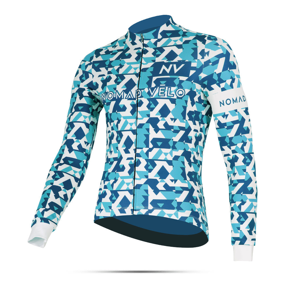 Cycling Blue Camouflage Jersey – Long Sleeve Aero Fit for Climbs | Nomad Vélo