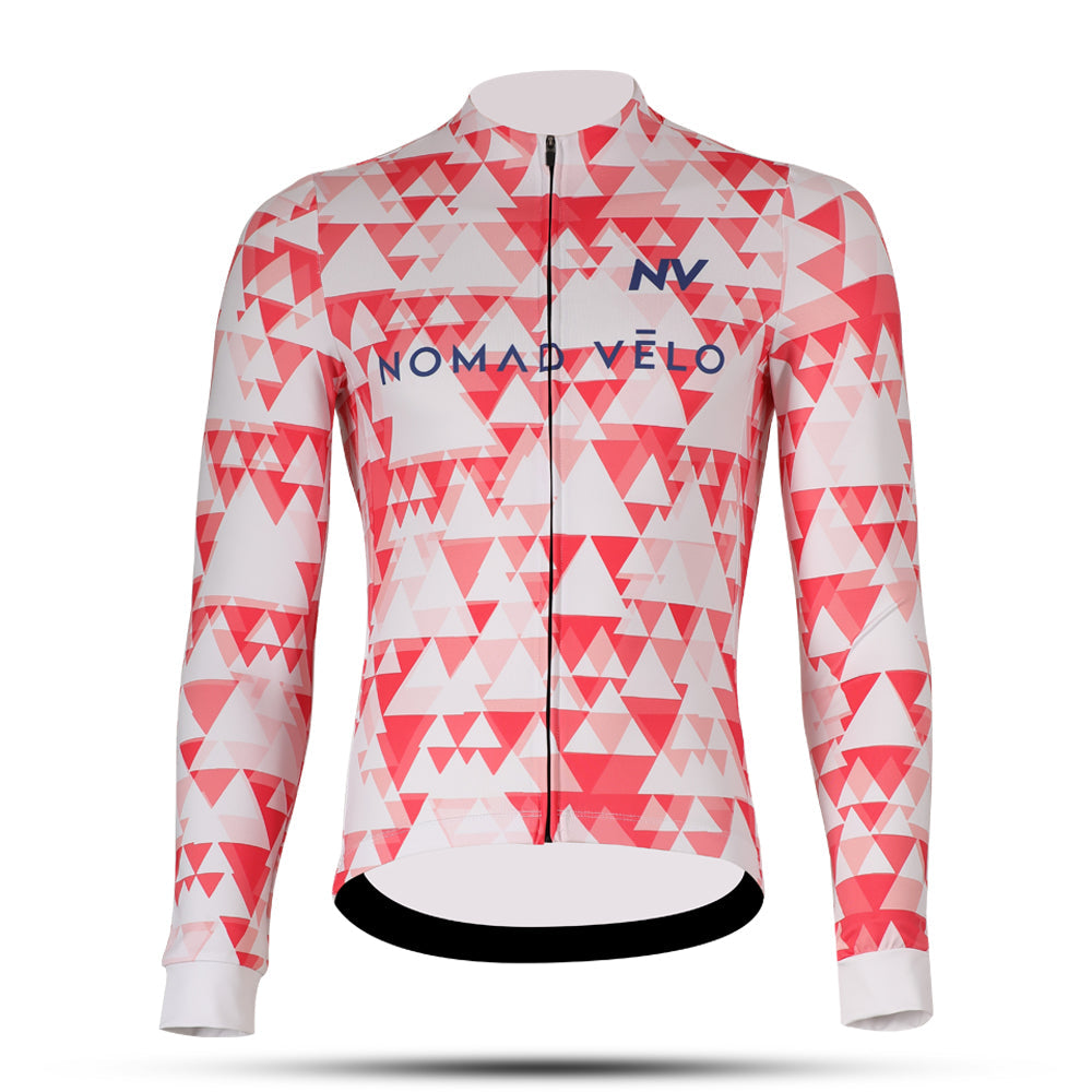 Cycling Red Geometric Long Sleeve Jersey – Aero Fit High-Performance Road | Nomad Vélo