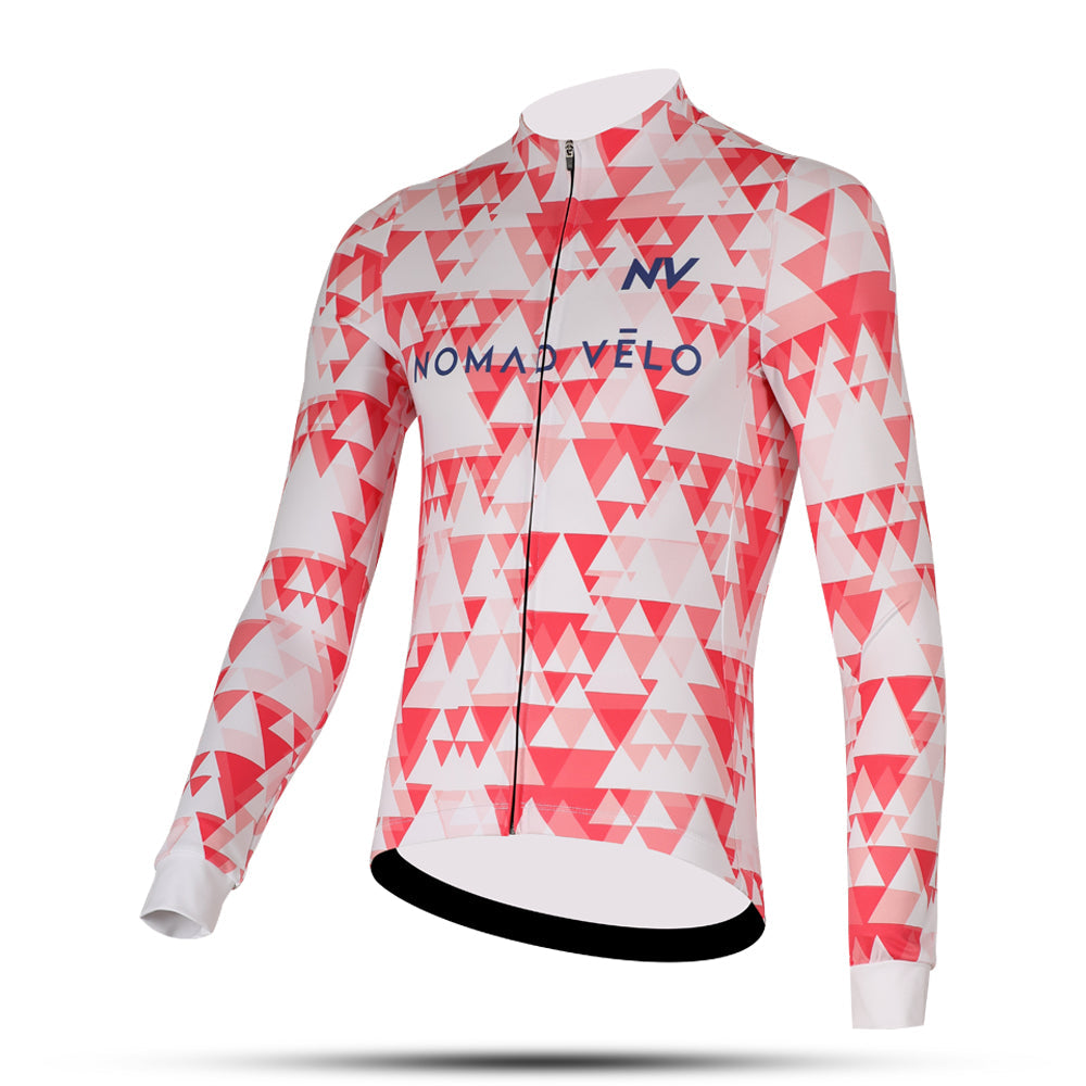 Cycling Red Geometric Long Sleeve Jersey – Aero Fit High-Performance Road | Nomad Vélo