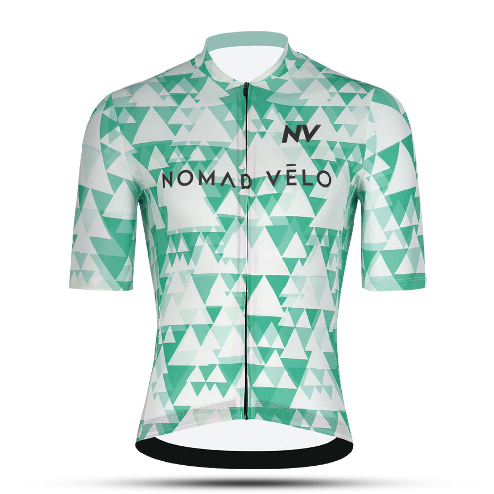 Cycling Green Aero Jersey – Short Sleeve Race Fit Geometric Pattern Fast Rides | Nomad Vélo