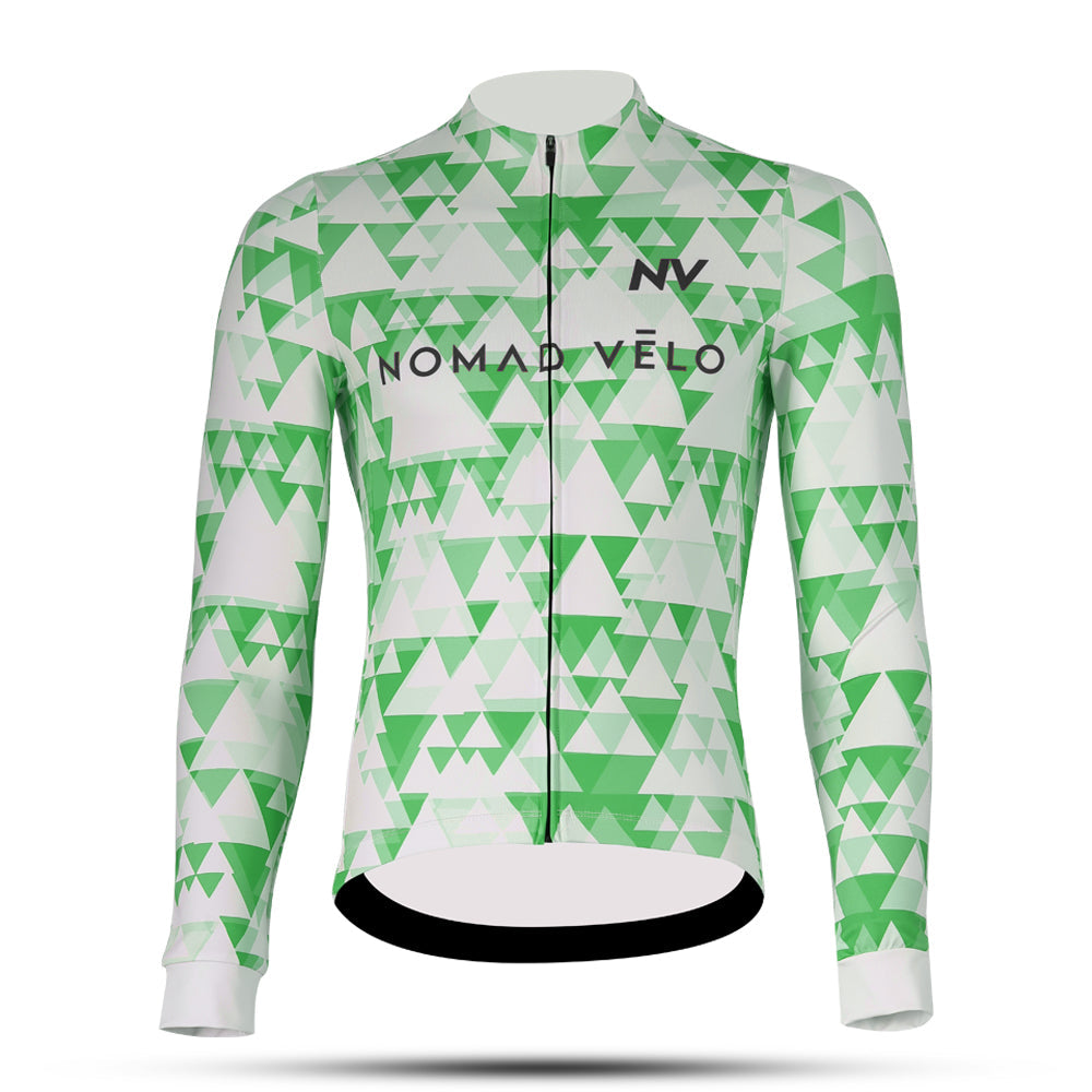 Cycling Green Geometric Long Sleeve Jersey – Aero Fit High-Performance Road | Nomad Vélo