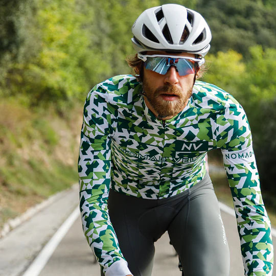 Cycling Green Camouflage Jersey – Long Sleeve Aero Fit for Climbs | Nomad Vélo