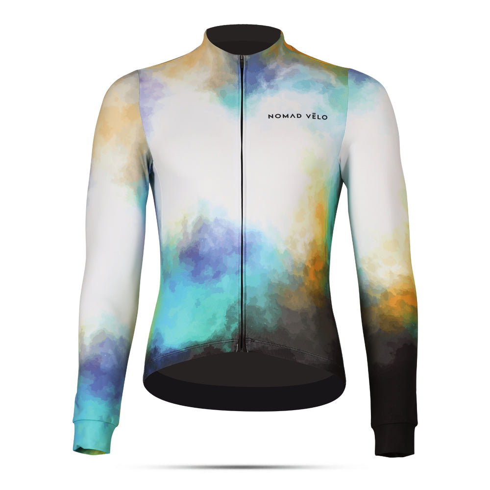 Cycling Aurora Long Sleeve Jersey – Aero Fit Thermal Gradient Northern Lights Design | Nomad Vélo