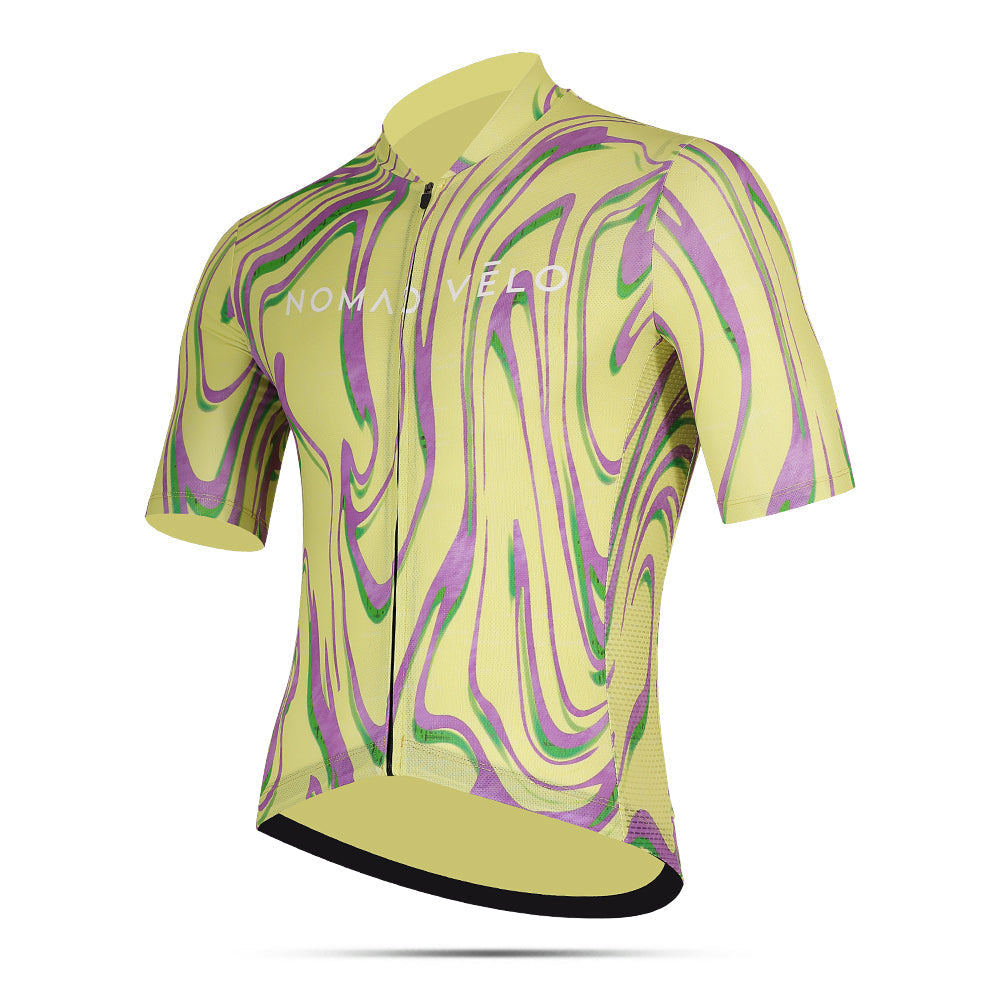 Cycling Yellow Pro Jersey – Short Sleeve Race Slim Fit Neon Ember Pattern | Nomad Vélo