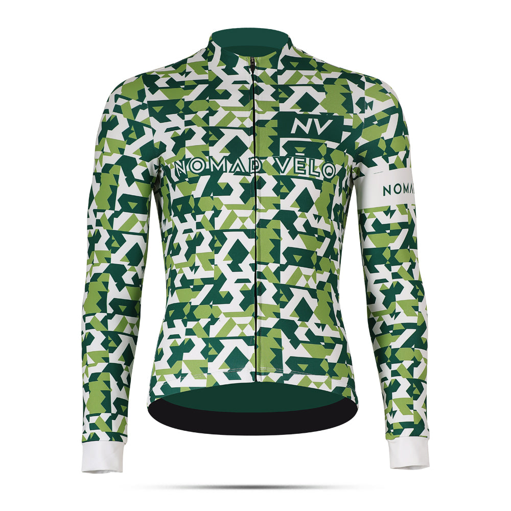 Cycling Green Camouflage Jersey – Long Sleeve Aero Fit for Climbs | Nomad Vélo