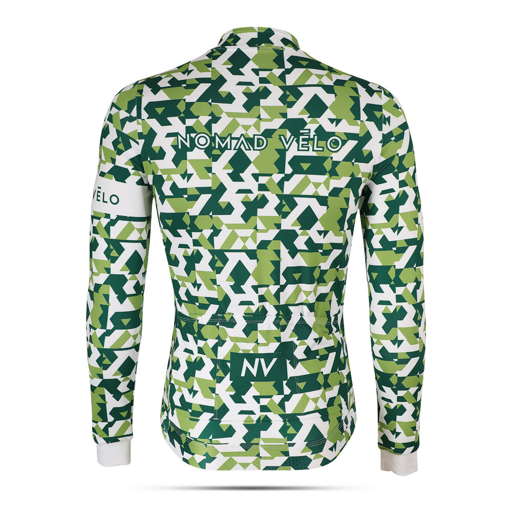Cycling Green Camouflage Jersey – Long Sleeve Aero Fit for Climbs | Nomad Vélo