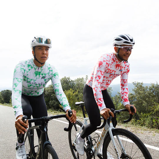 Cycling Green Geometric Long Sleeve Jersey – Aero Fit High-Performance Road | Nomad Vélo