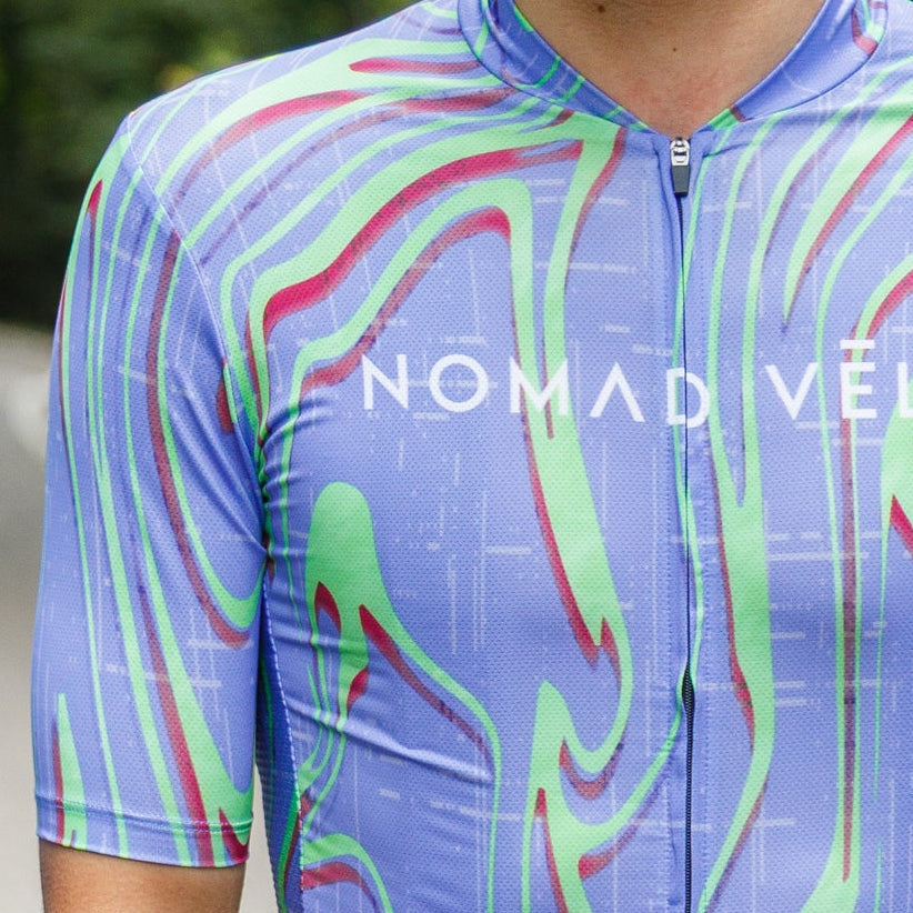 Cycling Purple Pro Jersey – Short Sleeve Race Slim Fit Neon Ember Pattern | Nomad Vélo