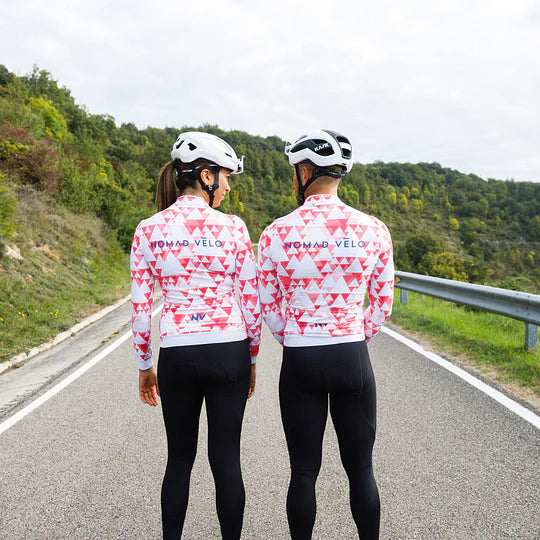 Cycling Red Geometric Long Sleeve Jersey – Aero Fit High-Performance Road | Nomad Vélo
