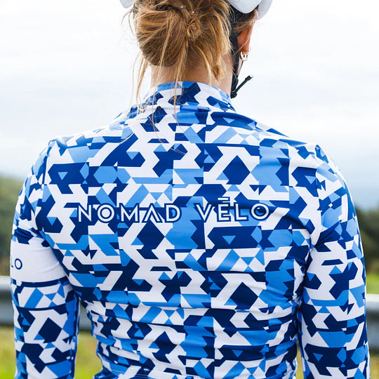 Cycling Blue Camouflage Jersey – Long Sleeve Aero Fit for Climbs | Nomad Vélo