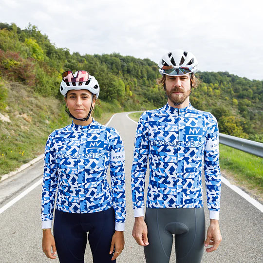 Cycling Blue Camouflage Jersey – Long Sleeve Aero Fit for Climbs | Nomad Vélo